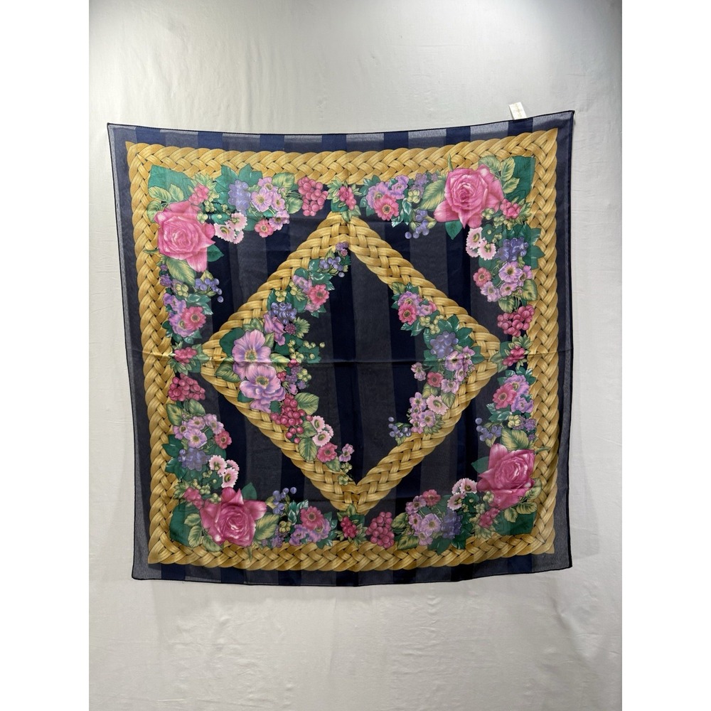 Borghese Silk Scarf Navy Floral & Braided Equestrian Print Square Italy 30"
